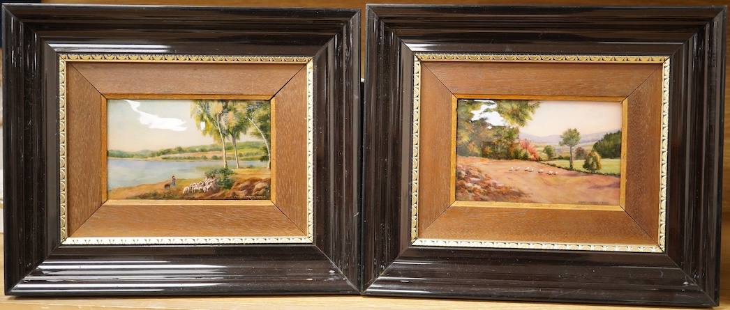 Camille Fauré (1874-1956), A pair of landscape scenes, signed lower right, enamels, framed, 13cm x 8.5cm